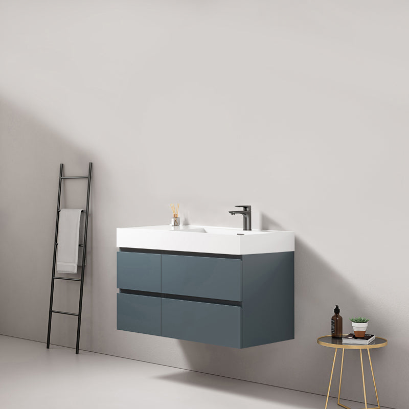 Mobile bagno sospeso 100 cm Blu Mare Lavabo a Destra in Resina Senza Specchio - Fiji Paint