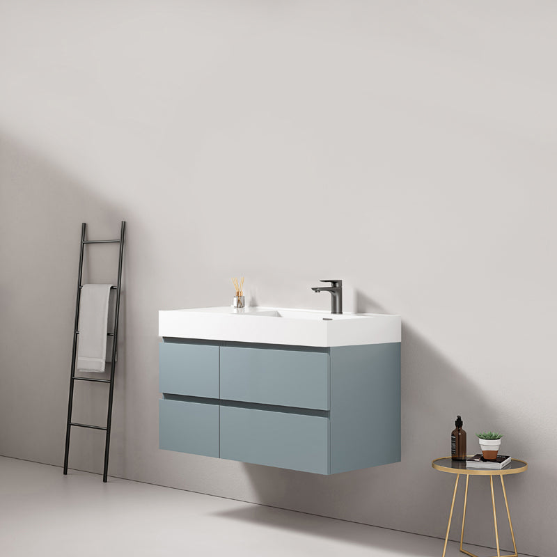 100cm suspended bathroom cabinet Avio Blue Right-hand sink in resin without mirror - Fiji Paint