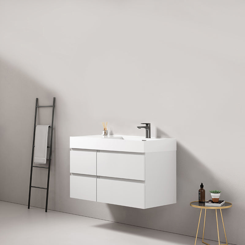 Mobile bagno sospeso 100 cm Bianco Lavabo a Destra in Resina Senza Specchio - Fiji Paint