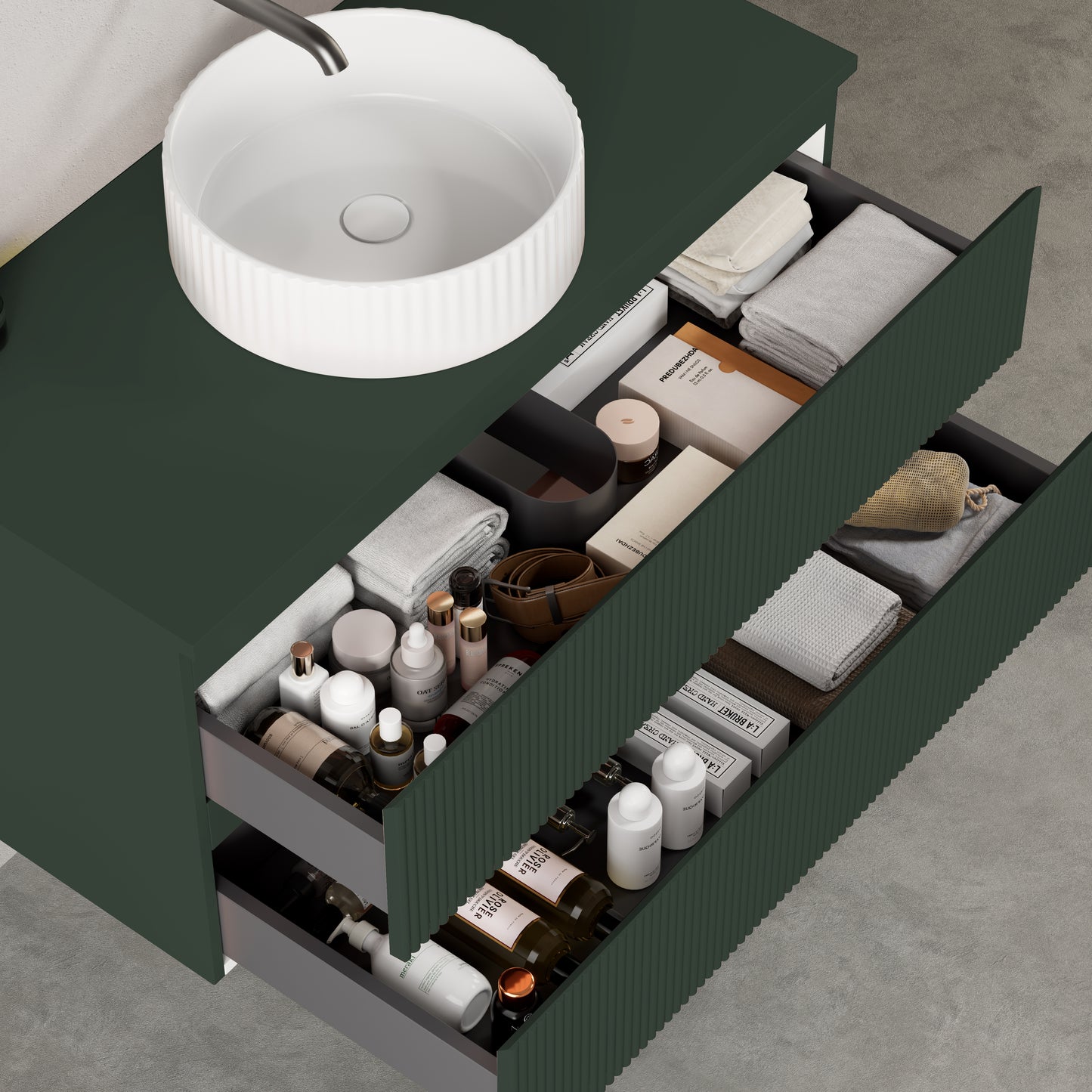 Mobile bagno sospeso cannettato 100 cm Verde Comodoro per Lavabo d'appoggio Specchio Tondo - Fiji Paint Top Canneté