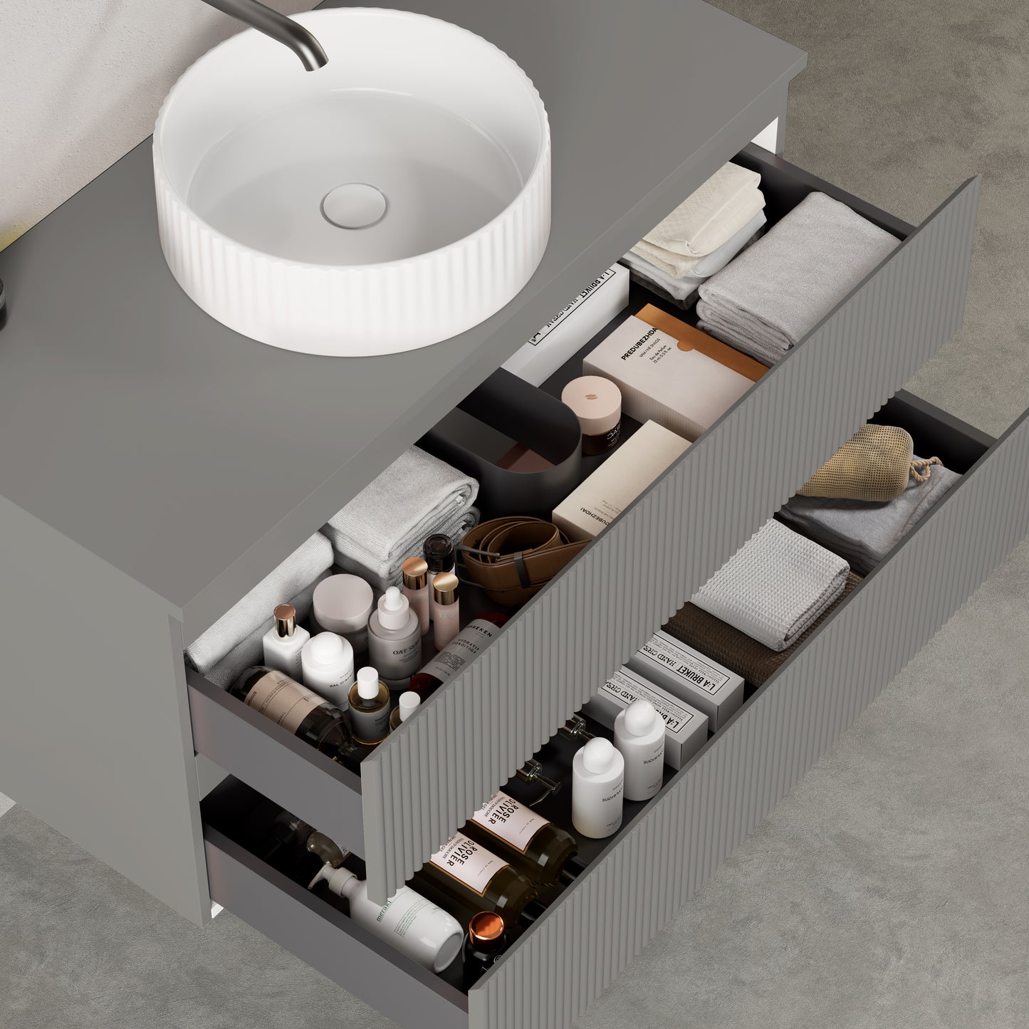 Mobile bagno sospeso cannettato 100 cm Grigio Londra per Lavabo d'appoggio Specchio Tondo Retroilluminato - Fiji Paint Top Canneté