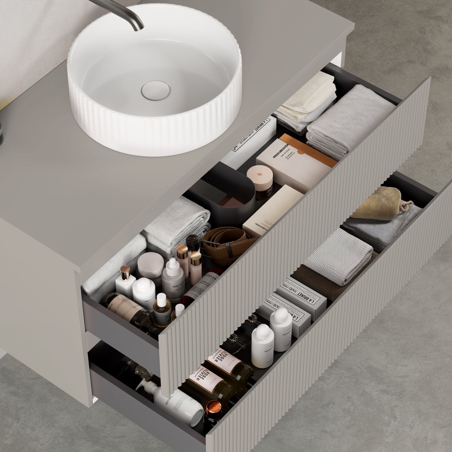 Mobile bagno sospeso cannettato 100 cm Grigio Cenere per Lavabo d'appoggio Specchio Quadro - Fiji Paint Top Canneté