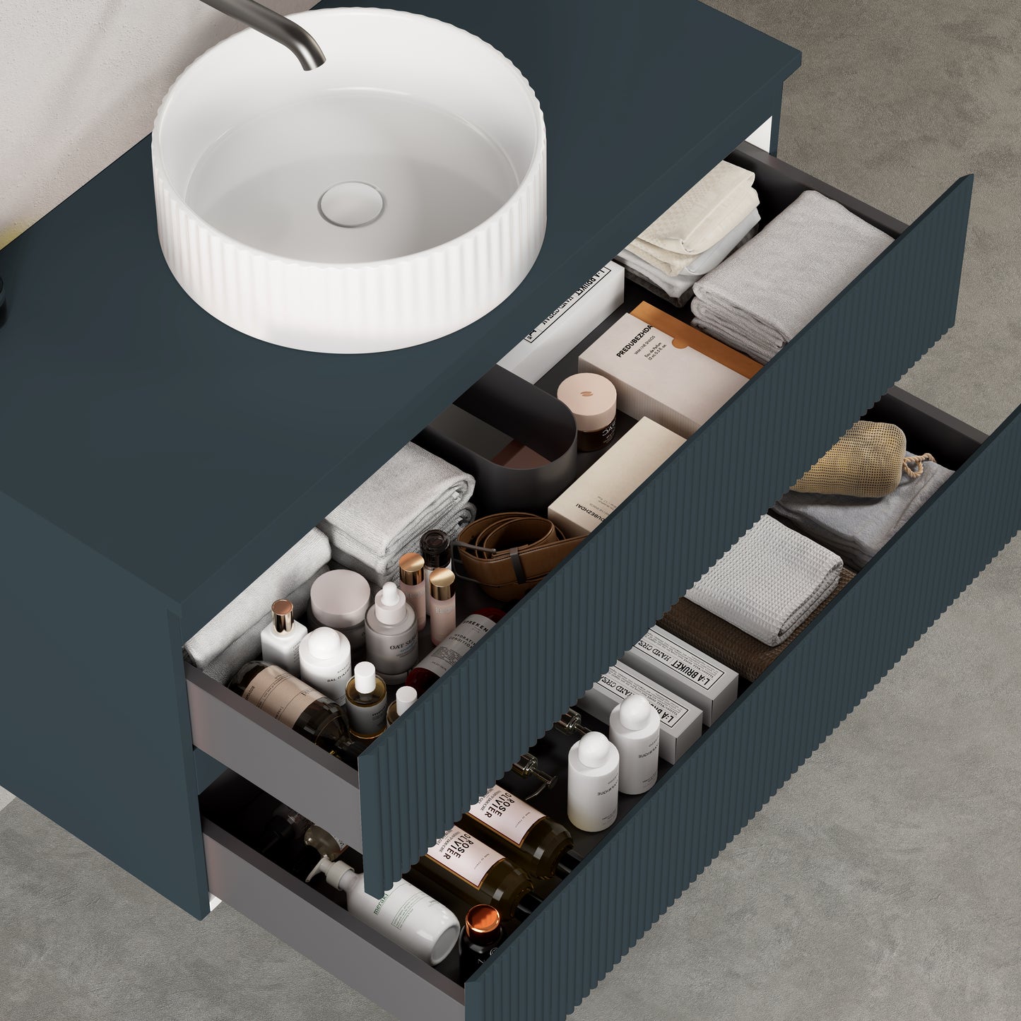 Mobile bagno sospeso cannettato 100 cm Blu Mare per Lavabo d'appoggio Senza Specchio - Fiji Paint Top Canneté