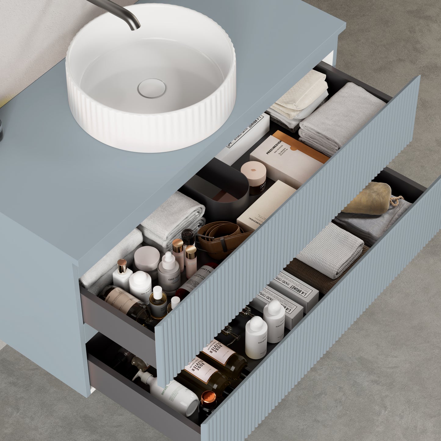 Mobile bagno sospeso cannettato 100 cm Blu Avio per Lavabo d'appoggio Specchio Quadro - Fiji Paint Top Canneté