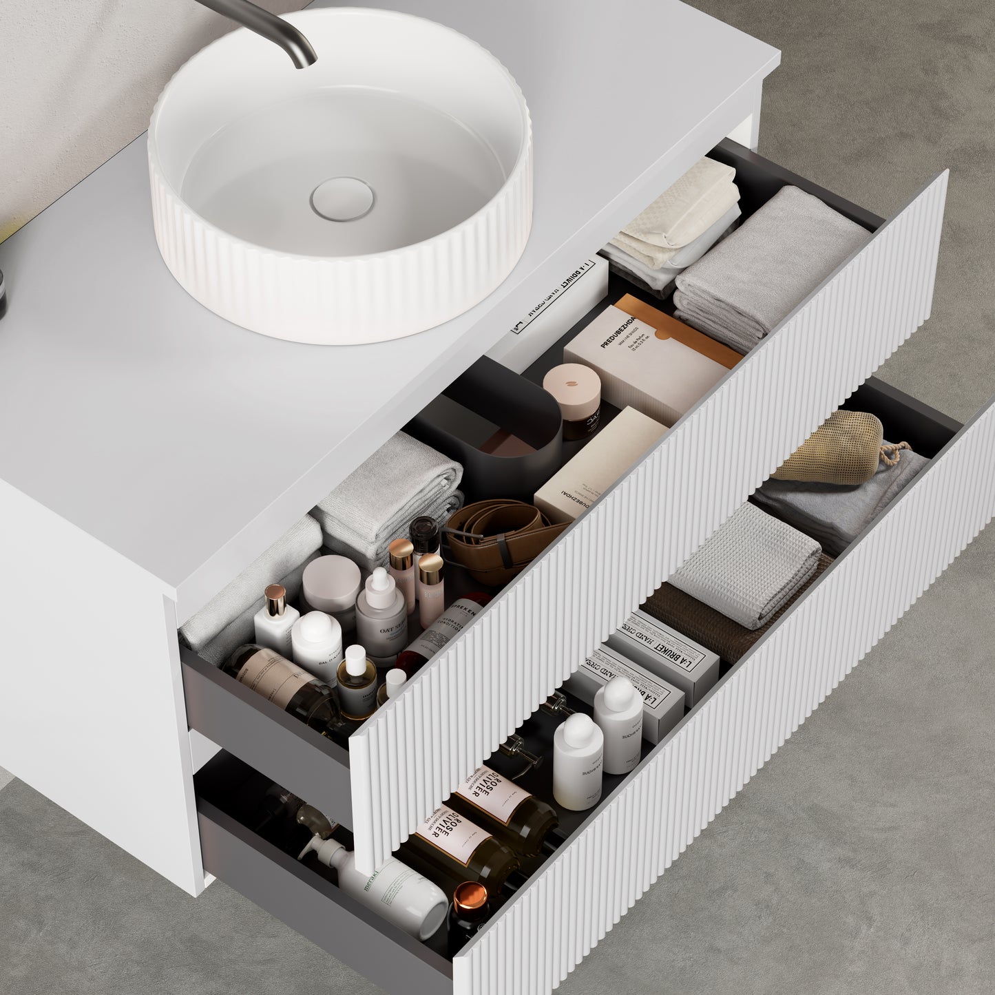 Mobile bagno sospeso cannettato 100 cm Bianco Opaco per Lavabo d'appoggio Specchio Quadro - Fiji Paint Top Canneté