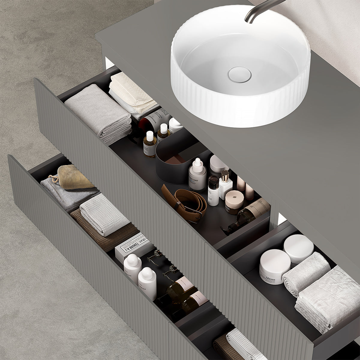 Mobile bagno sospeso cannettato reversibile 120 cm Grigio Londra per Lavabo d'appoggio Specchio Quadro - Fiji Paint Top Canneté