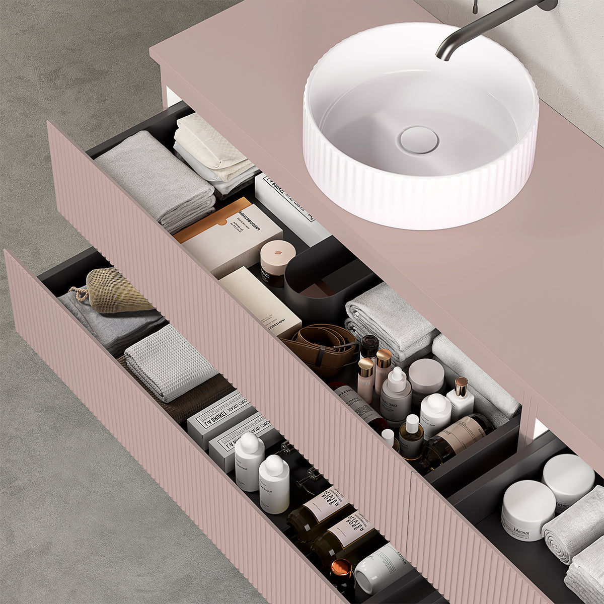 Mobile bagno sospeso cannettato reversibile 140 cm Rosa Retrò per Lavabo d'appoggio Specchio Quadro - Fiji Paint Top Canneté