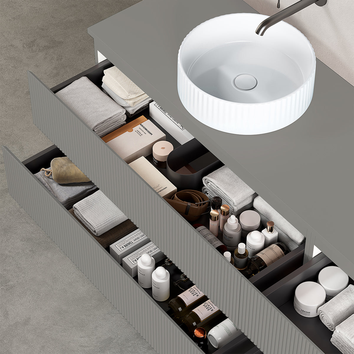 Mobile bagno sospeso cannettato reversibile 140 cm Grigio Londra per Lavabo d'appoggio Senza Specchio - Fiji Paint Top Canneté