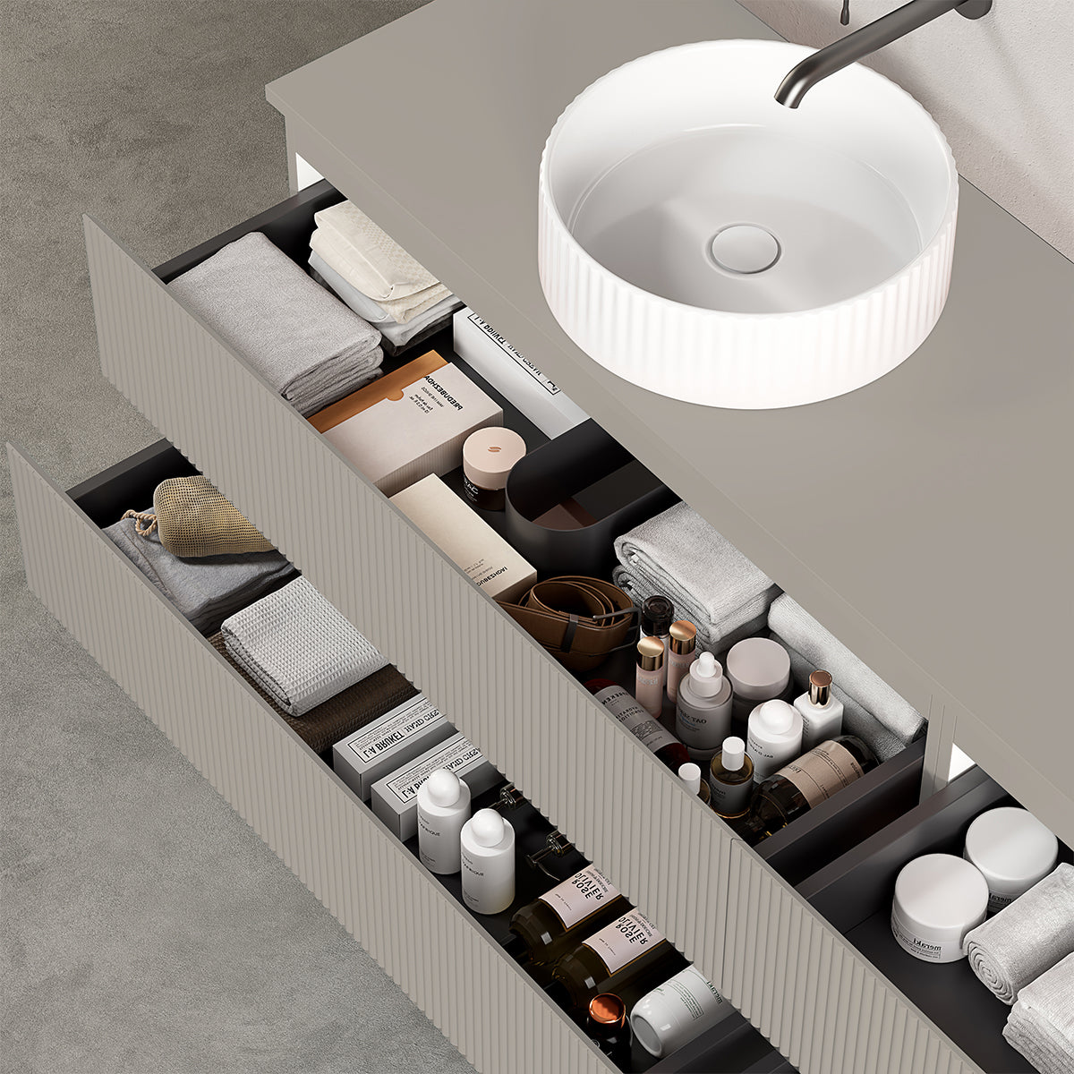 Mobile bagno sospeso cannettato reversibile 140 cm Grigio Cenere per Lavabo d'appoggio Senza Specchio - Fiji Paint Top Canneté