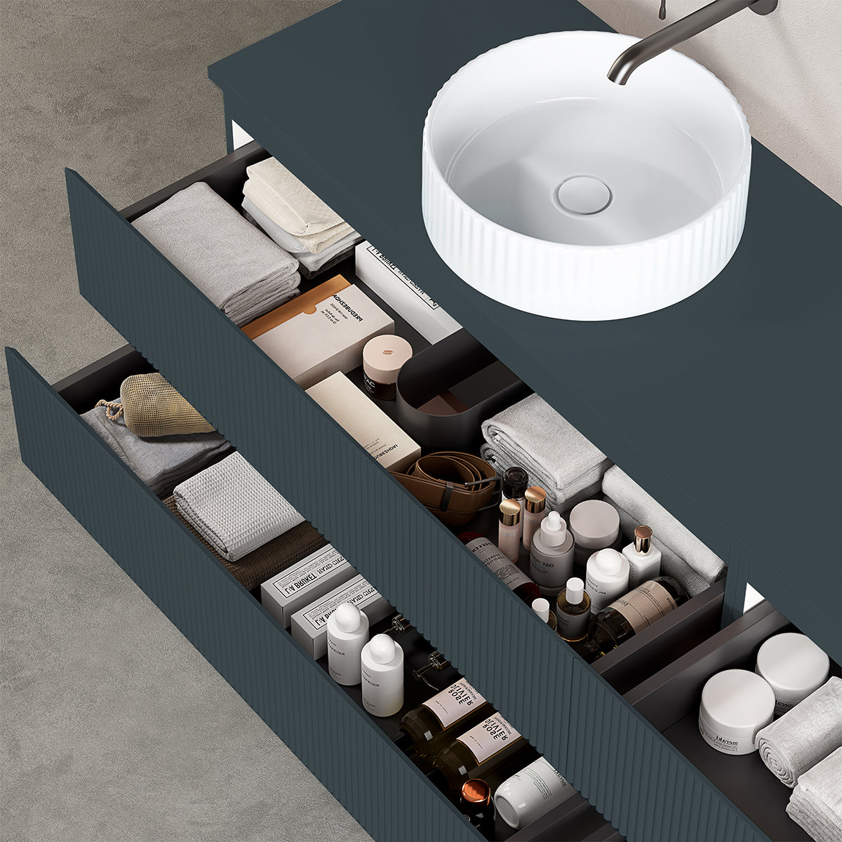 Mobile bagno sospeso cannettato reversibile 140 cm Blu Mare per Lavabo d'appoggio Specchio Tondo Retroilluminato - Fiji Paint Top Canneté