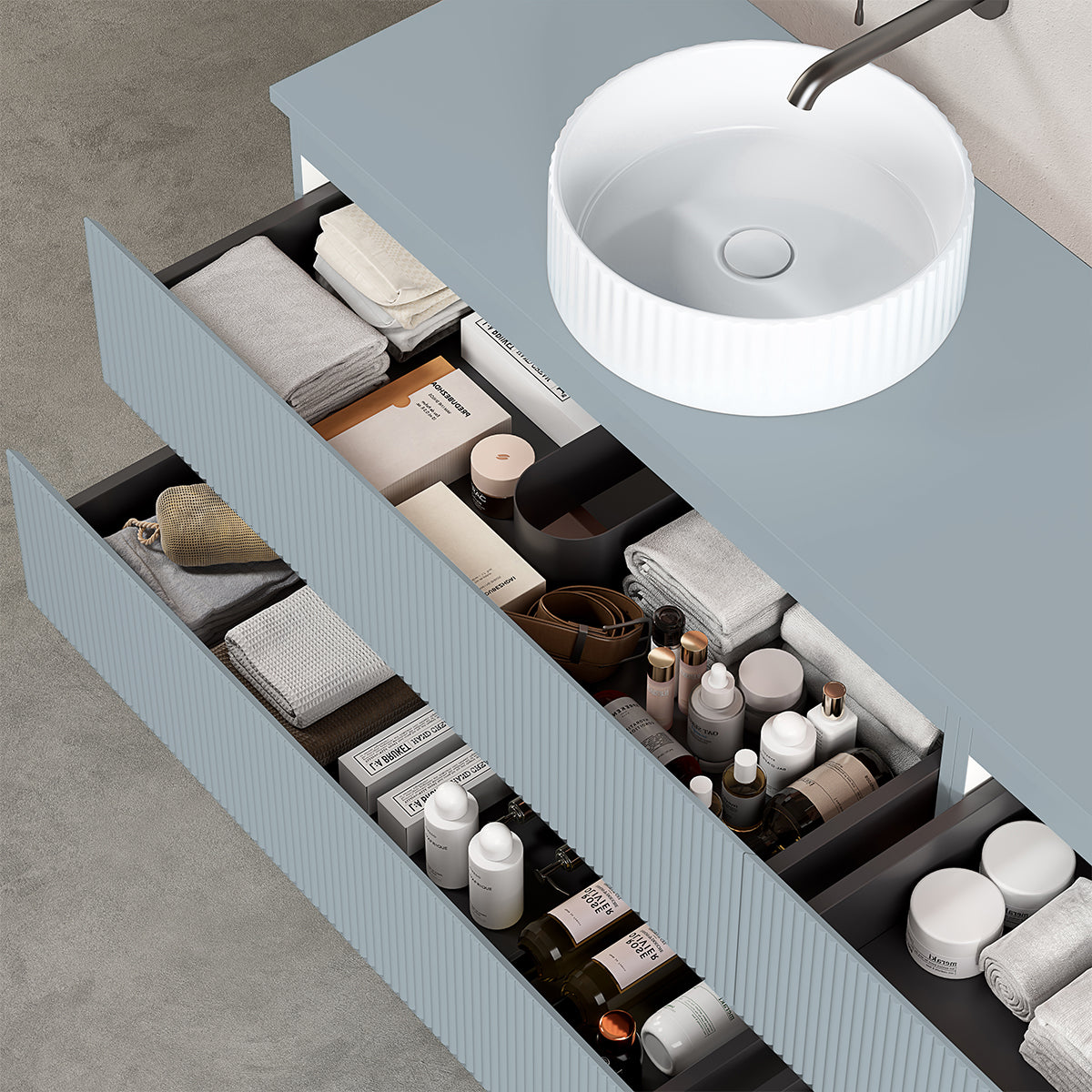 Mobile bagno sospeso cannettato reversibile 140 cm Blu Avio per Lavabo d'appoggio Specchio Quadro Retroilluminato - Fiji Paint Top Canneté