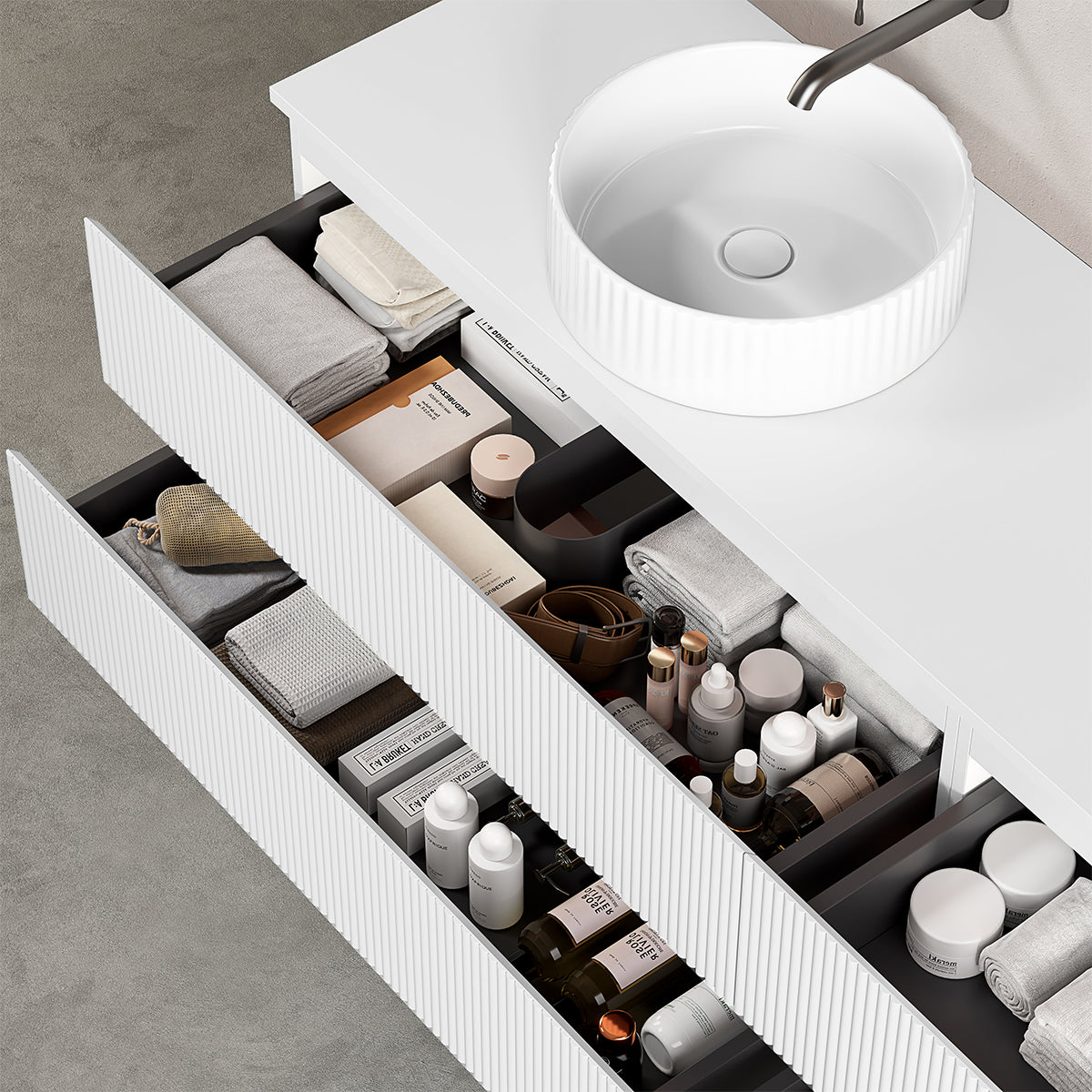 Mobile bagno sospeso cannettato reversibile 140 cm Bianco Opaco per Lavabo d'appoggio Senza Specchio - Fiji Paint Top Canneté