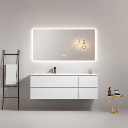 Mobile bagno sospeso 140 cm Bianco Lavabo a Sinistra in Resina Specchio Quadro Retroilluminato - Fiji Paint