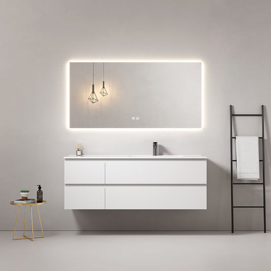 Mobile bagno sospeso 140 cm Bianco Lavabo a Destra in Resina Specchio Quadro Retroilluminato - Fiji Paint