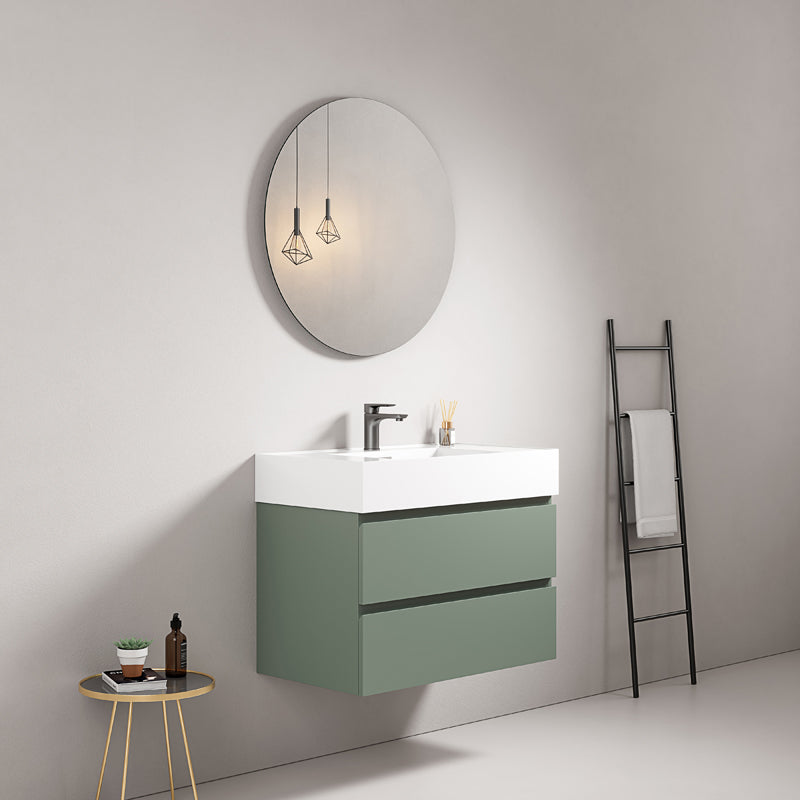 Mobile bagno sospeso 80 cm Verde Salvia Lavabo in Resina Specchio Tondo - Fiji Paint