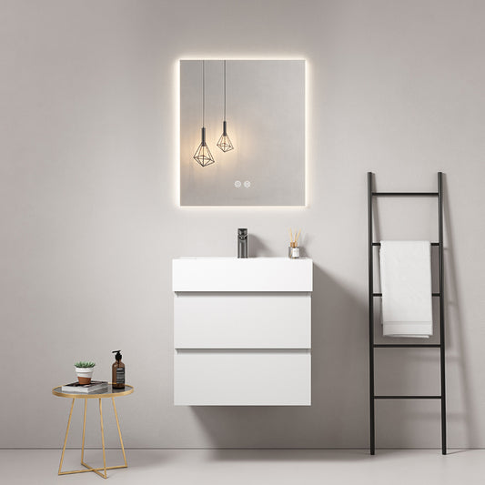 Mobile bagno sospeso 60 cm Bianco Lavabo in Resina Specchio Quadro Retroilluminato - Fiji Paint