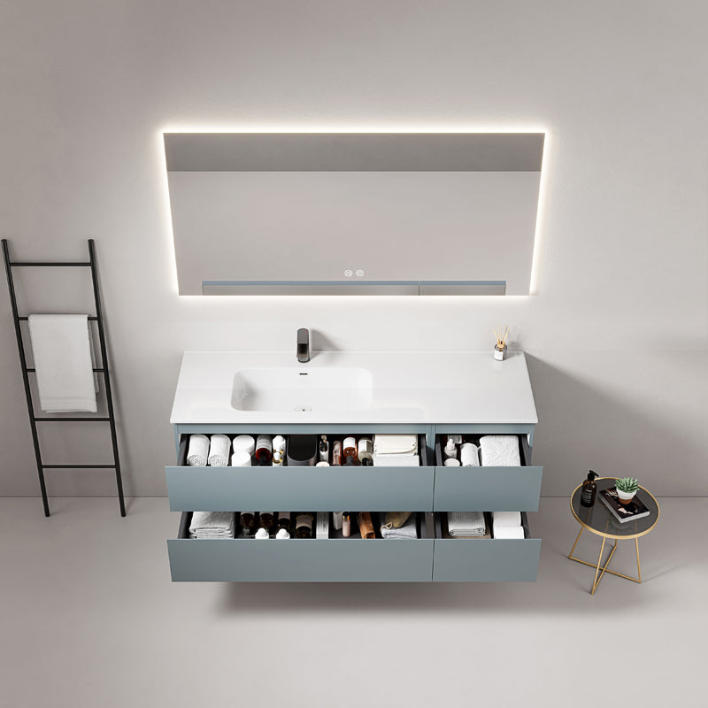 Mobile bagno sospeso 140 cm Blu Avio Lavabo a Sinistra in Resina Specchio Quadro Retroilluminato - Fiji Paint