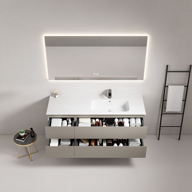 Mobile bagno sospeso 140 cm Grigio Cenere Lavabo a Destra in Resina Specchio Quadro Retroilluminato - Fiji Paint