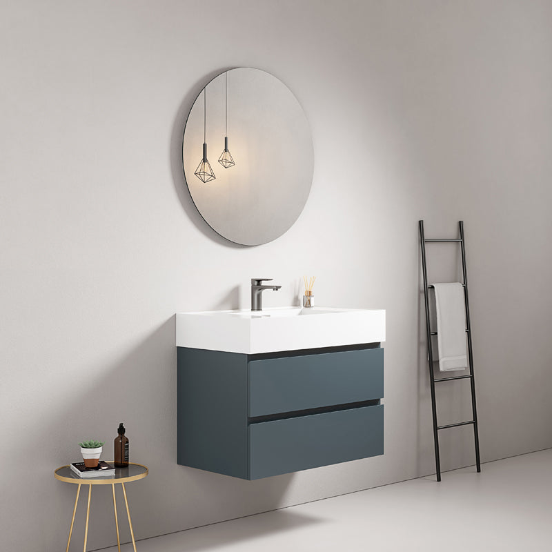 Mobile bagno sospeso 80 cm Blu Mare Lavabo in Resina Specchio Tondo - Fiji Paint