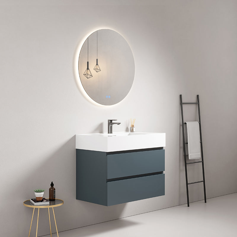 Mobile bagno sospeso 80 cm Blu Mare Lavabo in Resina Specchio Tondo Retroilluminato - Fiji Paint