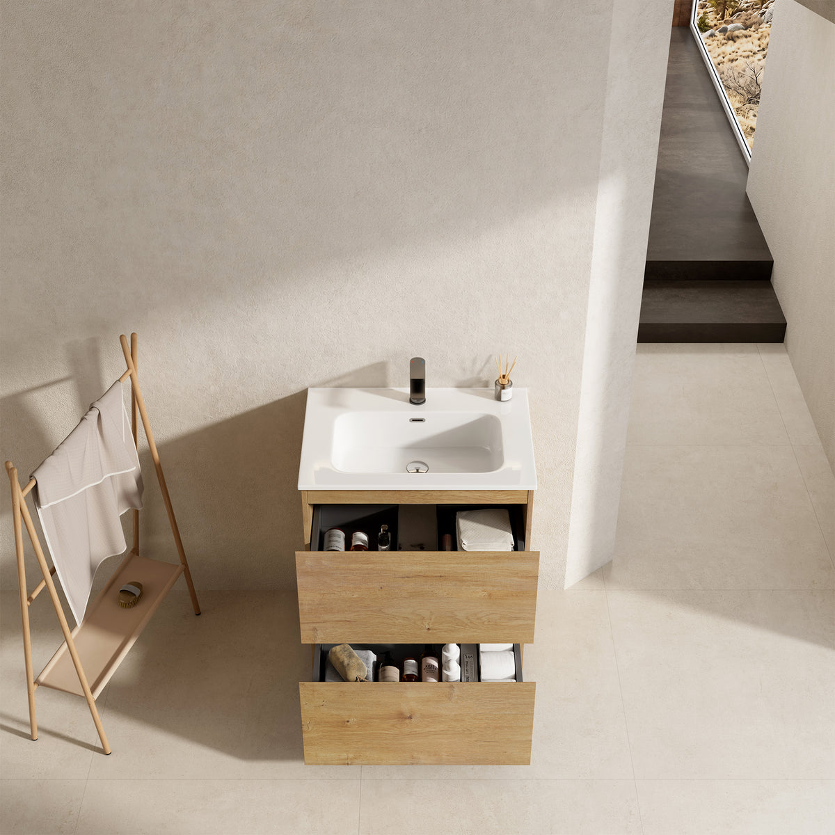 Mobile bagno a Terra 60 cm Bruno Medio Lavabo in Ceramica Senza Specchio - Nube Wood