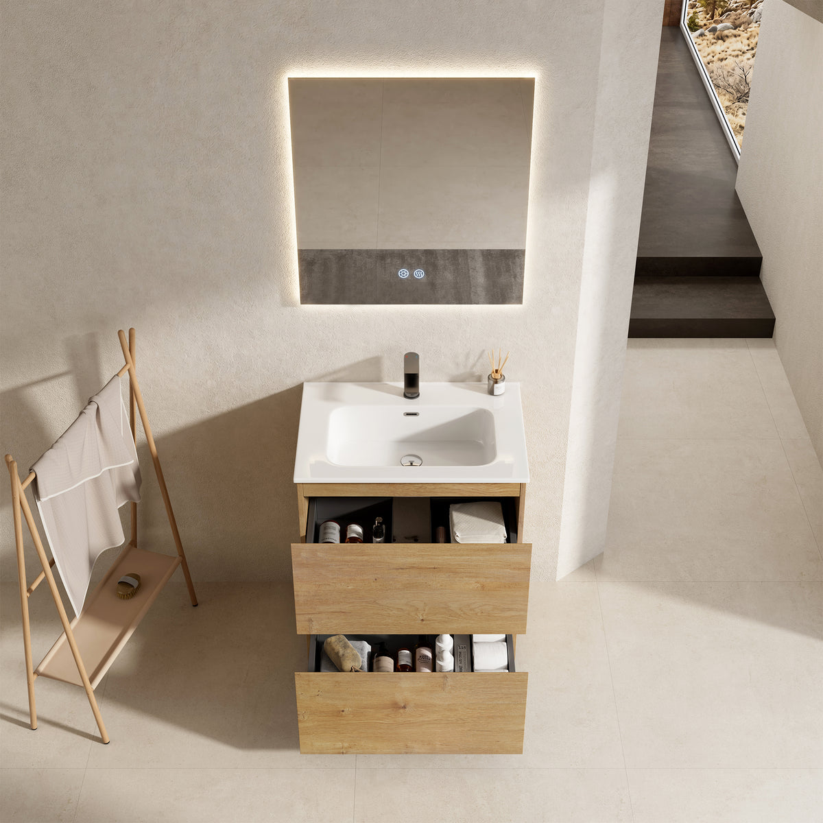 Mobile bagno a Terra 60 cm Bruno Medio Lavabo in Ceramica Specchio Quadro Retroilluminato - Nube Wood