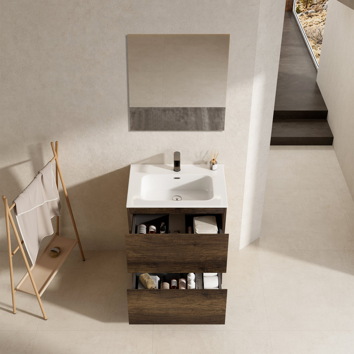 Mobile bagno a Terra 60 cm Bruno Scuro Lavabo in Ceramica Specchio Tondo Retroilluminato - Nube Wood