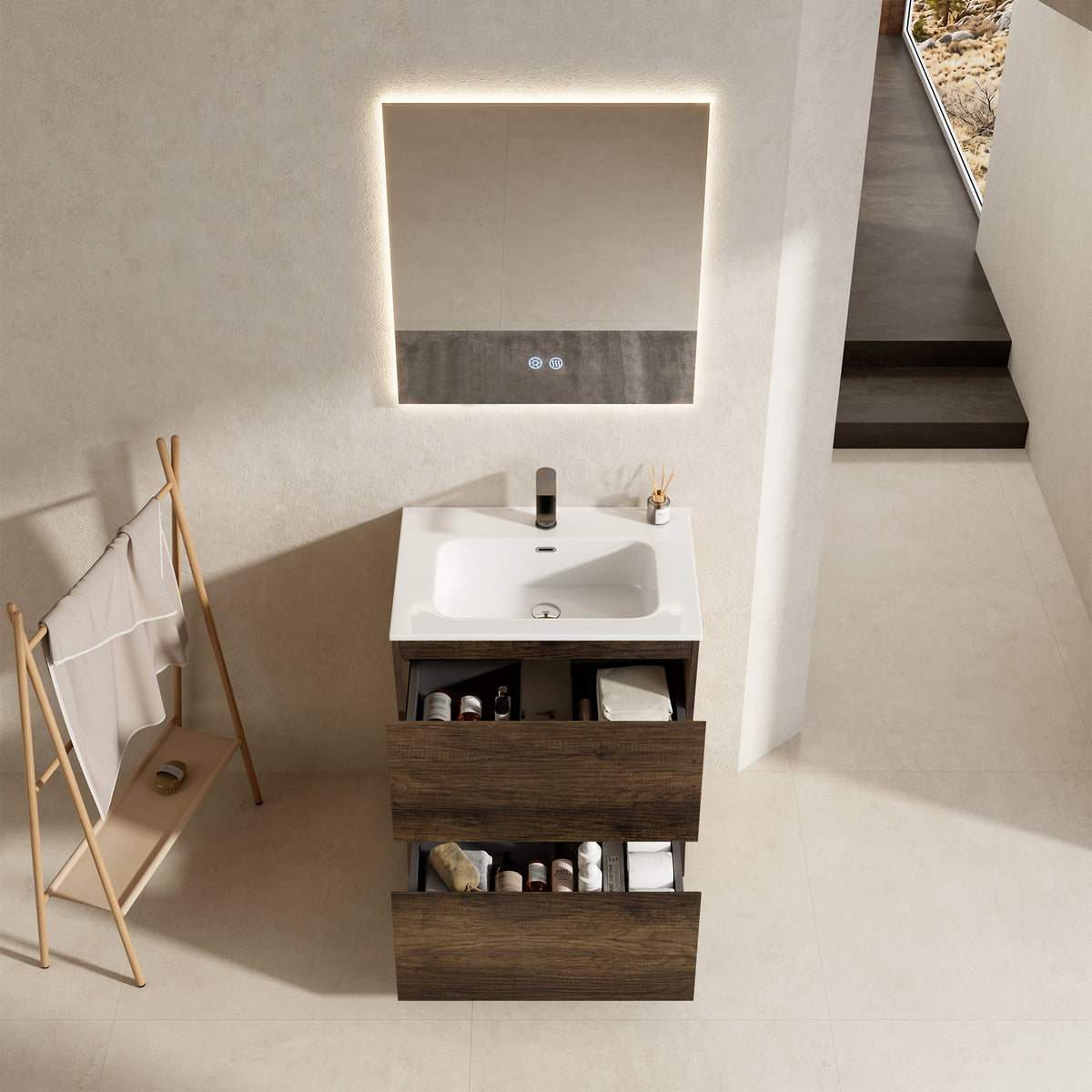 Mobile bagno a Terra 60 cm Bruno Scuro Lavabo in Ceramica Specchio Quadro Retroilluminato - Nube Wood