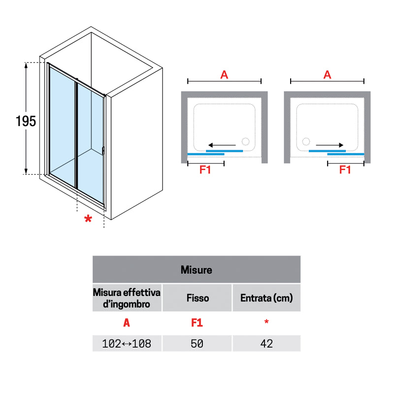 Porta Doccia 102 cm Scorrevole Vetro Trasparente Reversibile Lunes - Novellini