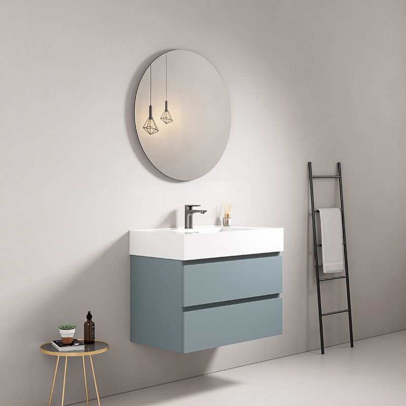 Mobile bagno sospeso 80 cm Blu Avio Lavabo in Resina Specchio Tondo - Fiji Paint