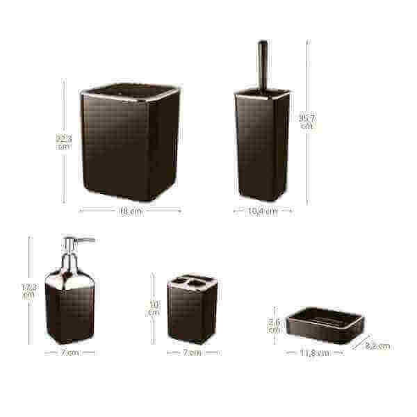 Set accessori da bagno quadrati lucidi antracite e cromo con dimensioni e dettagli eleganti.