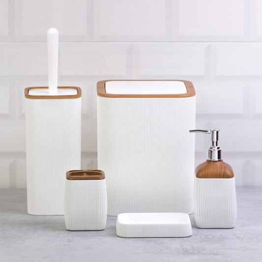 Set Accessori da Bagno Quadrato Rigato Bianco/Legno - Meda