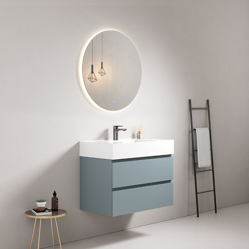 Mobile bagno sospeso 80 cm Blu Avio Lavabo in Resina Specchio Tondo Retroilluminato - Fiji Paint