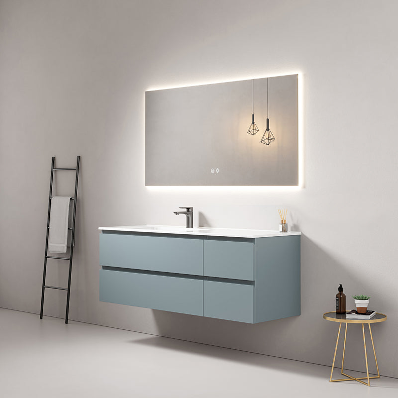 Mobile bagno sospeso 140 cm Blu Avio Lavabo a Sinistra in Resina Specchio Quadro Retroilluminato - Fiji Paint