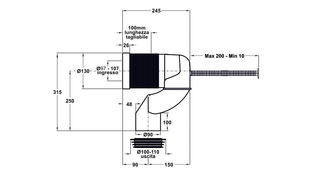 Curva WC Traslata Offset per scarico a pavimento regolabile in polipropilene - Bonomini (25551312)