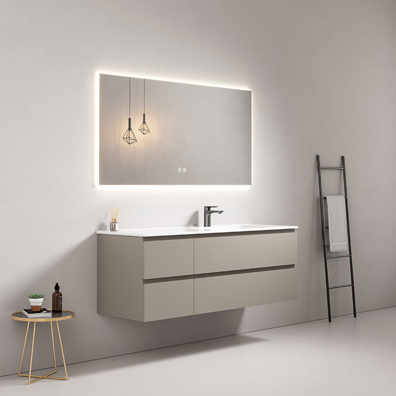 Mobile bagno sospeso 140 cm Grigio Cenere Lavabo a Destra in Resina Specchio Quadro Retroilluminato - Fiji Paint