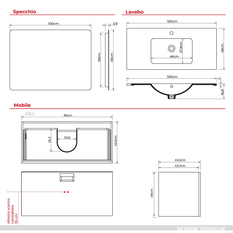 Mobile Bagno Sospeso 100 cm Olmo con Specchio con Lampada Led Sofia – Spazio (25675295)