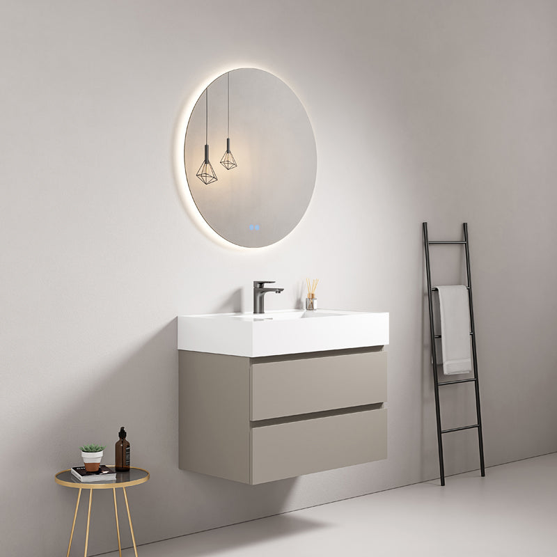 Mobile bagno sospeso 80 cm Grigio Cenere Lavabo in Resina Specchio Tondo Retroilluminato - Fiji Paint