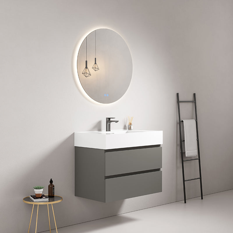 Mobile bagno sospeso 80 cm Grigio Londra Lavabo in Resina Specchio Tondo Retroilluminato - Fiji Paint