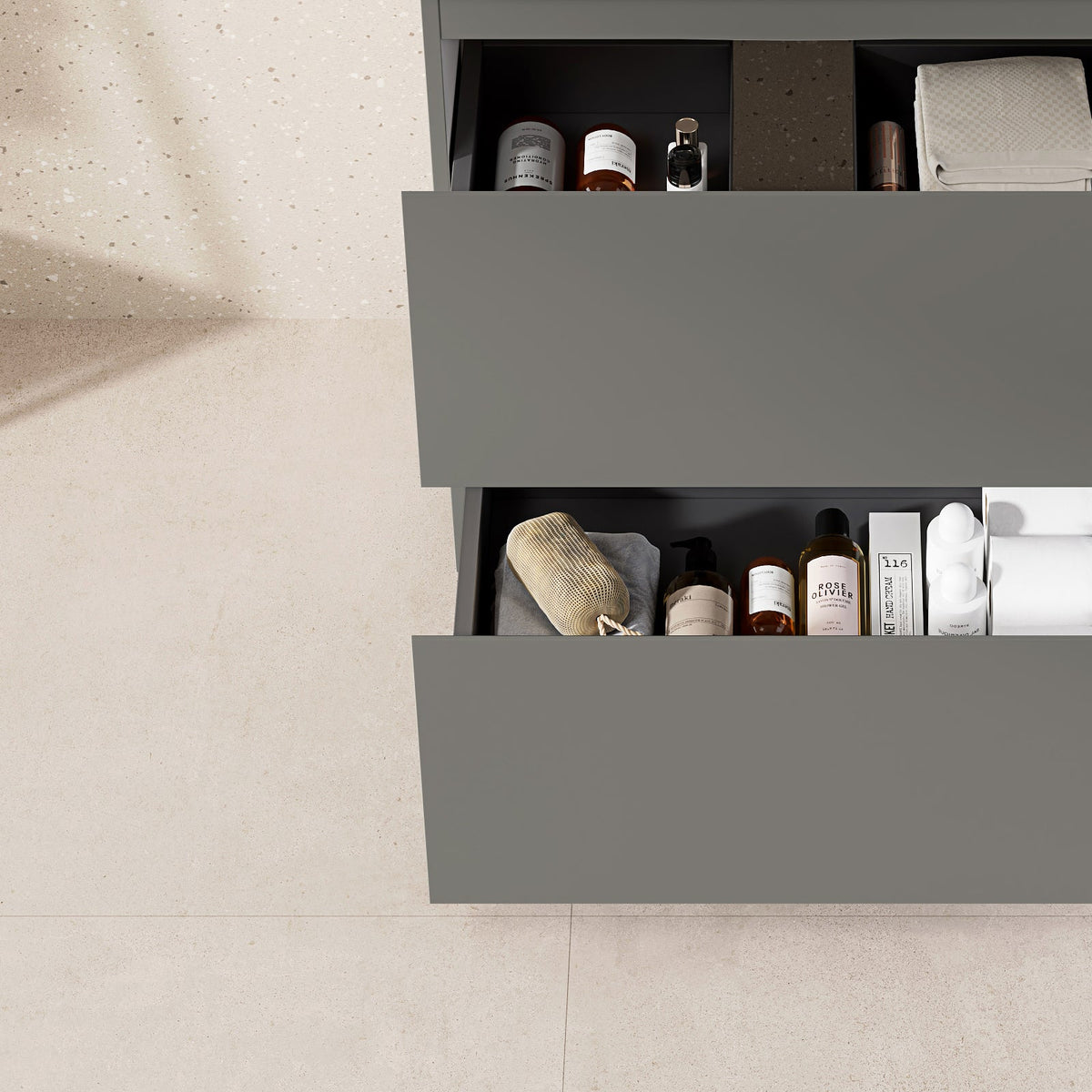 Mobile bagno a Terra 60 cm Grigio Londra Lavabo in Resina Specchio Tondo Retroilluminato Profilo Nero - Nube Paint