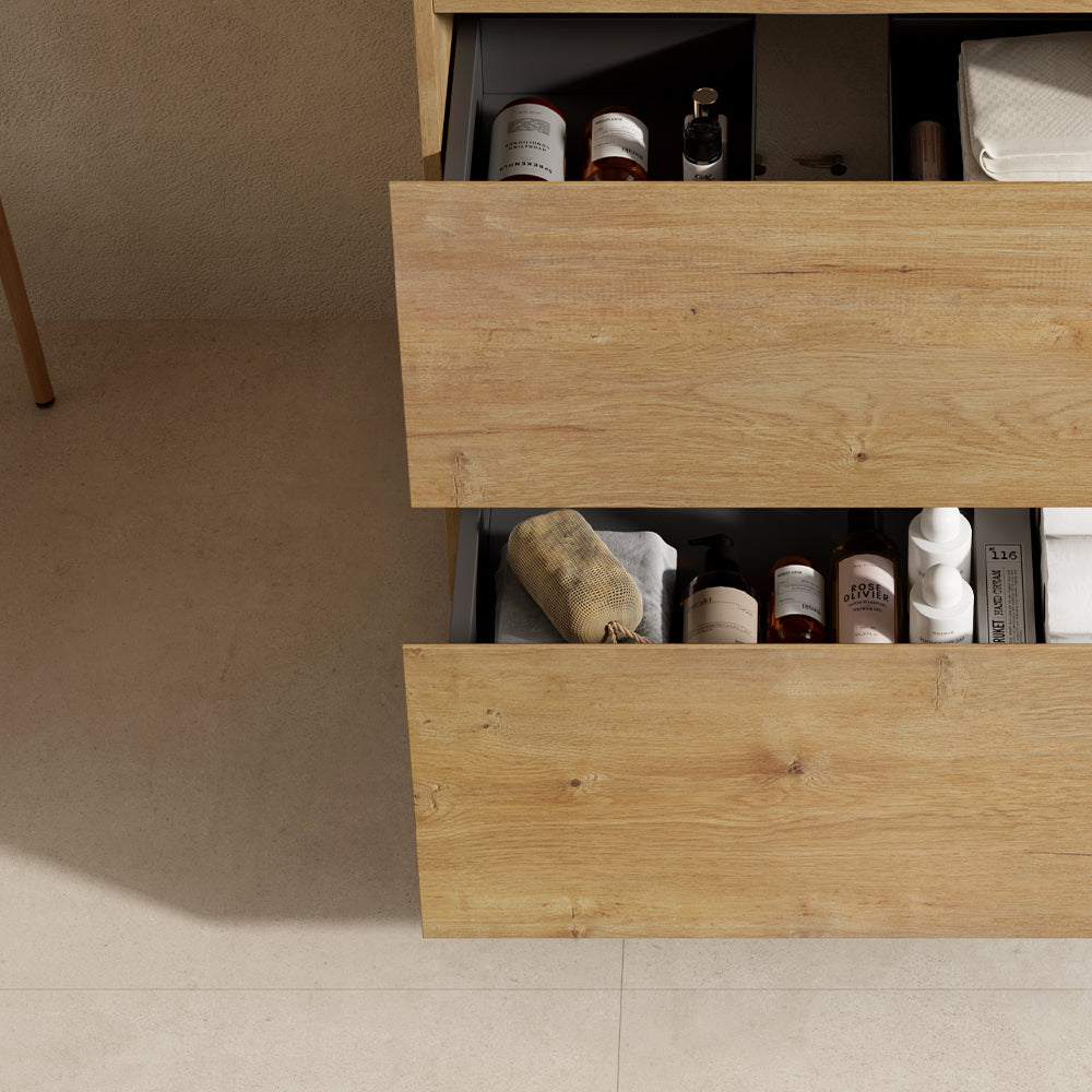 Mobile bagno a Terra 100 cm Bruno Medio Lavabo in Resina Specchio Tondo Retroilluminato Profilo Nero - Nube Wood