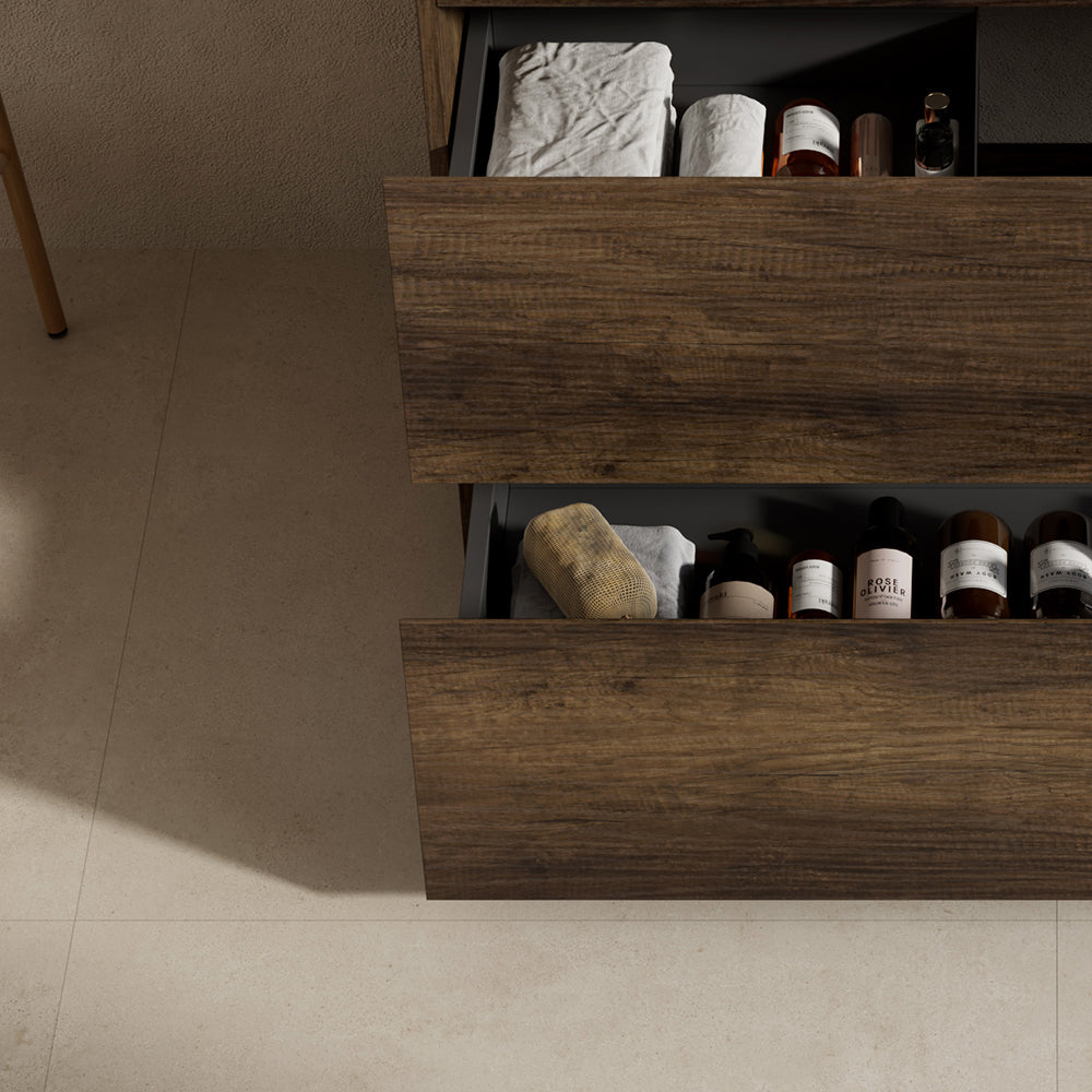 Mobile bagno a Terra 100 cm Bruno Scuro Lavabo in Resina Specchio Tondo Retroilluminato Profilo Nero - Nube Wood