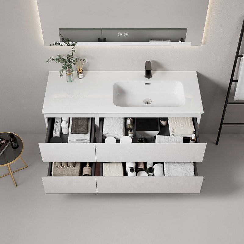 Mobile Bagno Sospeso 120 cm Wood Bianco con Lavabo a Destra in Ceramica e Specchio Rettangolare Fiji – Meda (25686046)