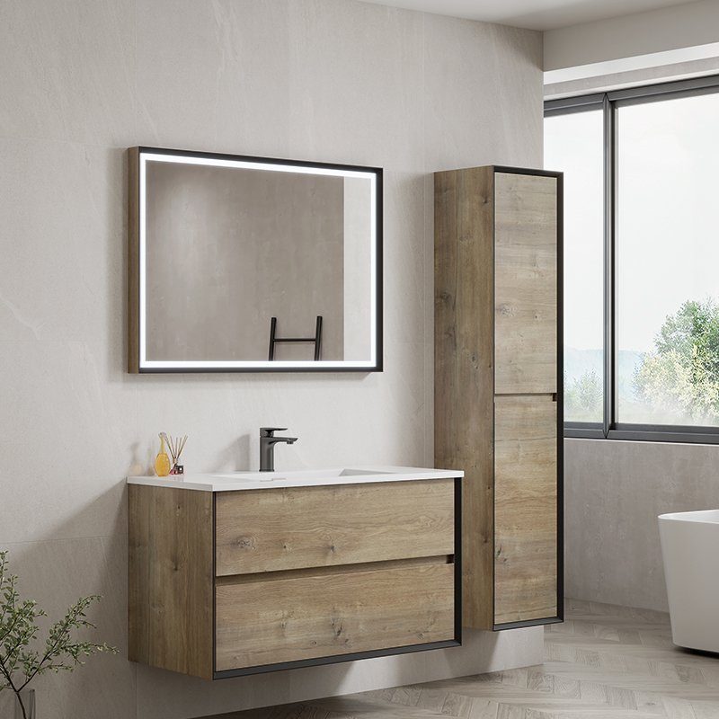 Mobile Bagno Sospeso 100 cm Grigio Forest con Specchio con Cornice Seoul e Colonna – Spazio