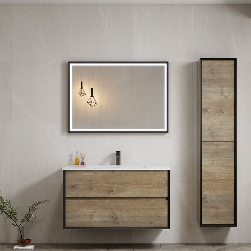 Mobile Bagno Sospeso 100 cm Grigio Forest con Specchio con Cornice Seoul e Colonna – Spazio