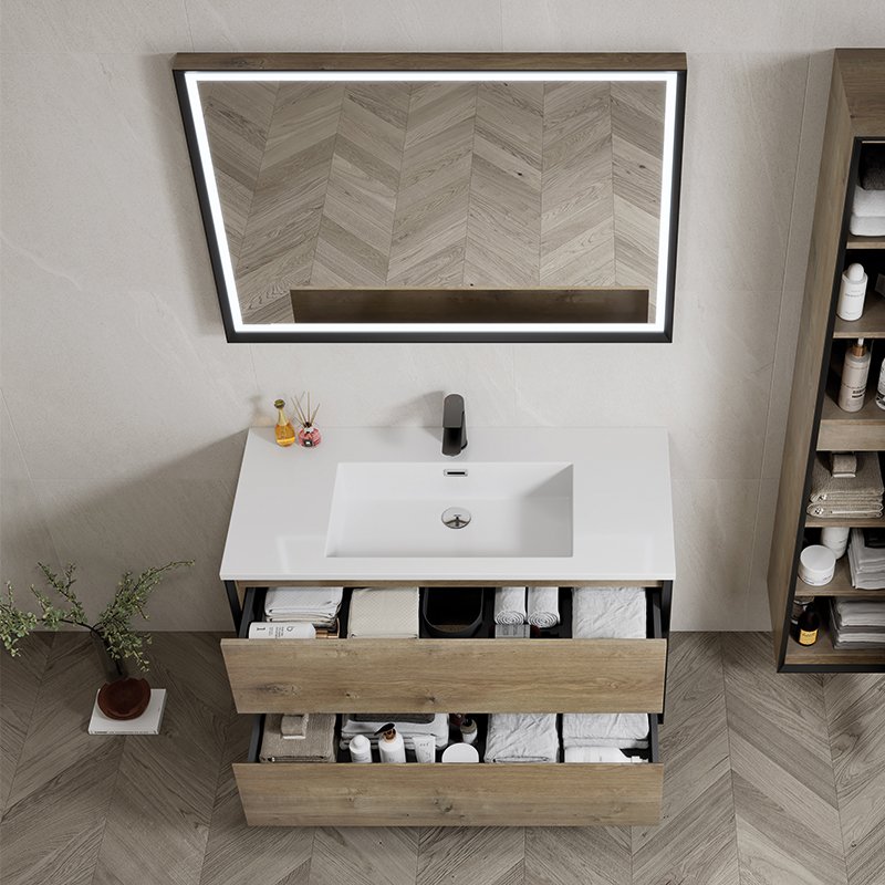 Mobile Bagno Sospeso 100 cm Grigio Forest con Specchio con Cornice Seoul e Colonna – Spazio
