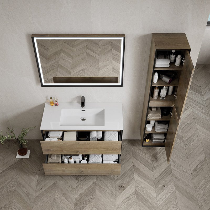 Mobile Bagno Sospeso 100 cm Grigio Forest con Specchio con Cornice Seoul e Colonna – Spazio
