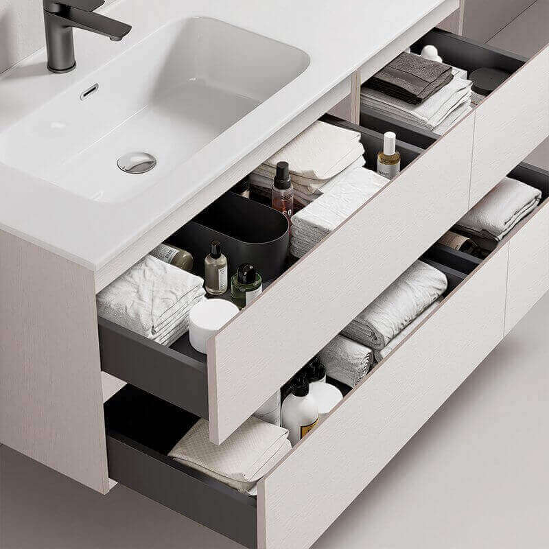 Mobile Bagno Sospeso 140 cm Wood Bianco con Lavabo a Sinistra in Resina e Specchio Rettangolare Fiji – Meda (25686069)
