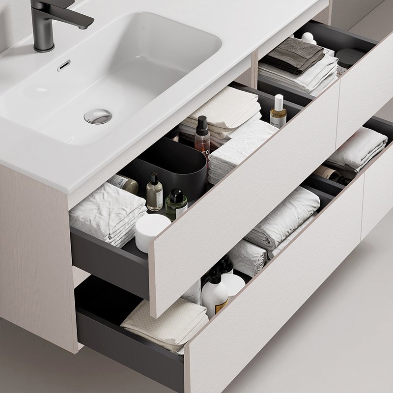 Mobile Bagno Sospeso 140 cm Wood Bianco con Lavabo a Sinistra in Resina e Specchio Rettangolare Fiji – Meda