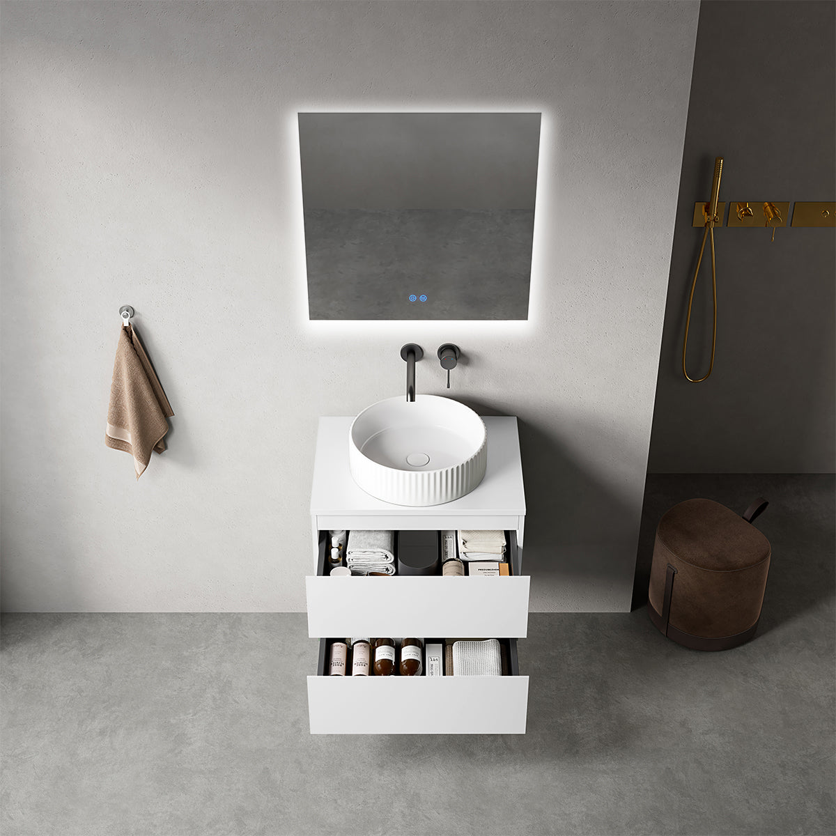 Mobile bagno sospeso 60 cm Bianco Opaco per Lavabo d'appoggio Specchio Quadro Retroilluminato - Fiji Paint